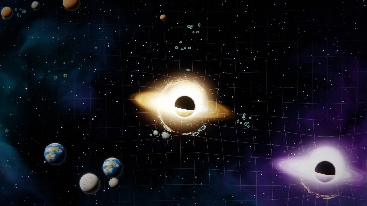 The player's hole pulling moons and planets into its disk
