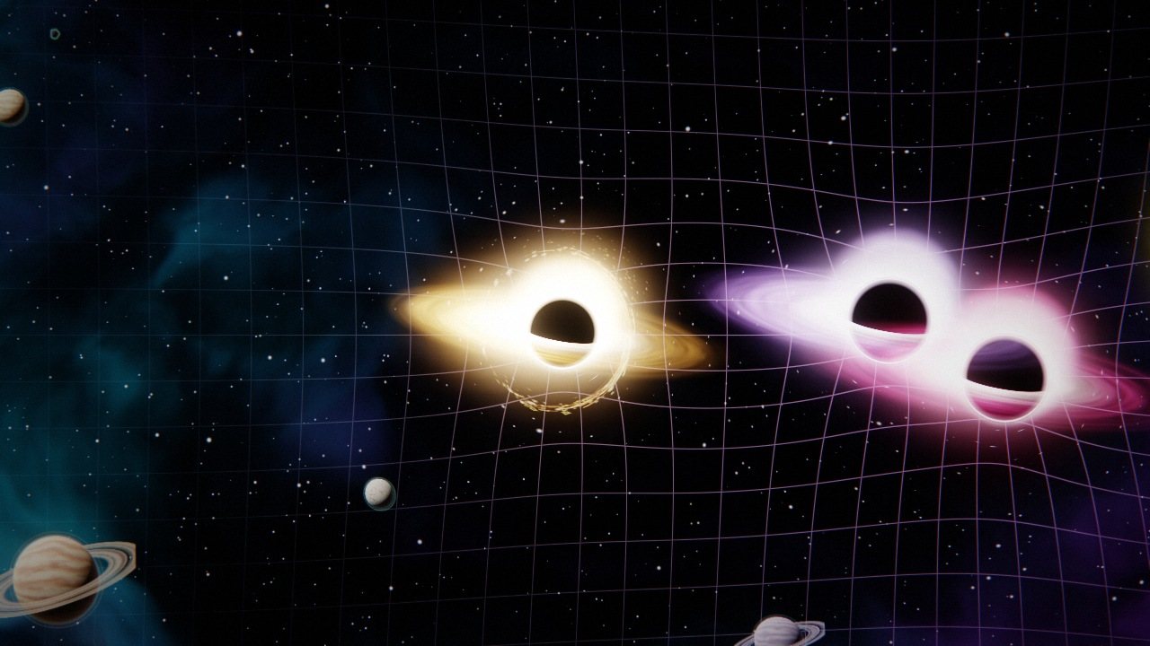 Two bigger red black holes closing in on the player's hole