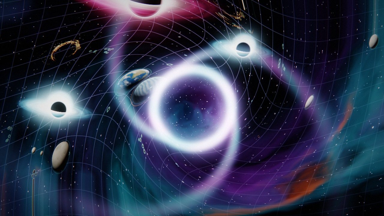 The player's hole swallowed by a swirling violet wormhole