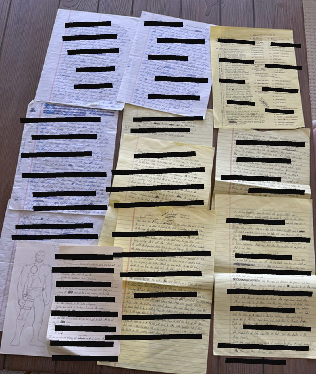 Early handwritten story notes, heavily redacted